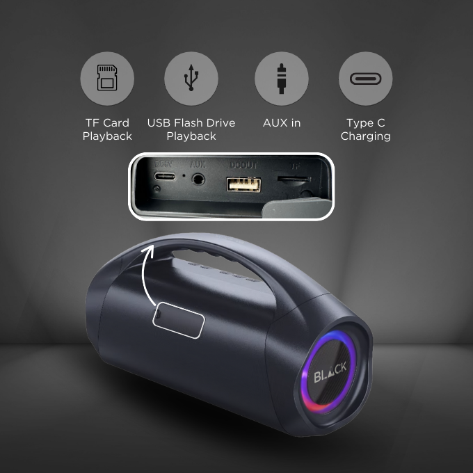 BLACK BassBoom Wireless Bluetooth Speaker, 60W, Optional Microphone, Up to 10H Playtime, 1 Yr Warranty BLACK BassBoom Wireless Bluetooth Speaker, 60W, Optional Microphone, Up to 10H Playtime, 1 Yr Warranty